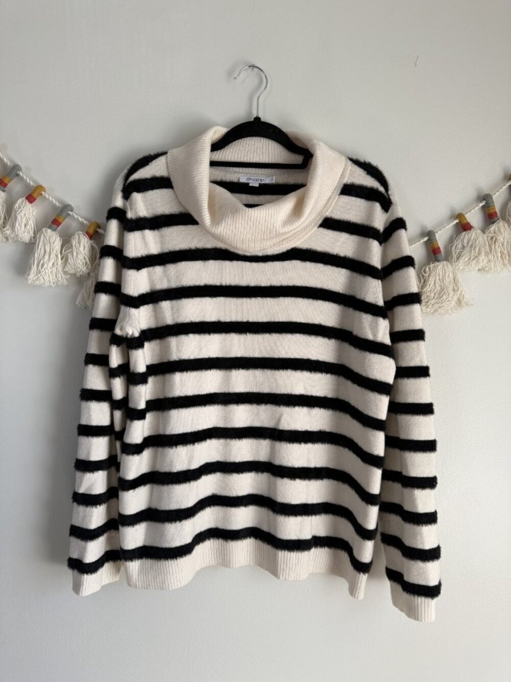Chico's Eyelash Striped Turtleneck Cashmere Blend Pullover Sweater Preppy Modest
